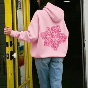 Sweat-shirt à capuche rose à fleurs pour femme, motif hibiscus hawaïen, en tissu tricoté respirant 320 g/m² - Product Image 3