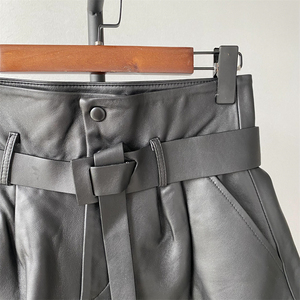 2025 Stylish High Waist Real Sheepskin <strong>Short</strong> Pants Belt Zipper Fly Loose <strong>Black</strong> Summer Soft Sexy Women Custom <strong>Leather</strong> <strong>Shorts</strong> - Product Image 5