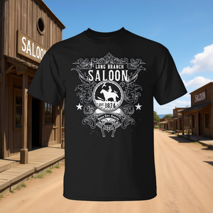 Camiseta Long Branch Saloon negra con diseño occidental, ropa para hombre - Product Image 3