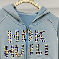 Huili produsen Logo kustom cetak jaket ritsleting 460gsm French Terry Heavyweight atasan Crop biru Hoodie kristal Y2K wanita