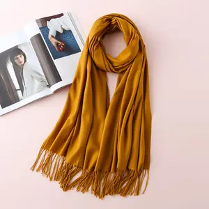 Most Popular Scarf Premium 20*7cm Solid Color Plain Wraps Cozy Macrame Cashmere Feel Lady Women's Pashmina Scarves