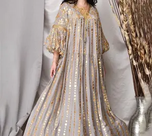 New Vintage Ethnic Sequins Embroidery Abaya Dress Women Middle East Arab Moroccan Caftan Dubai Muslim Clothes