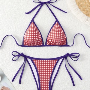 Bikini de plage sexy à motif pied-de-poule, col halter, design triangulaire, maillot de bain mignon pour filles à petite poitrine, parfait pour - Product Image 4