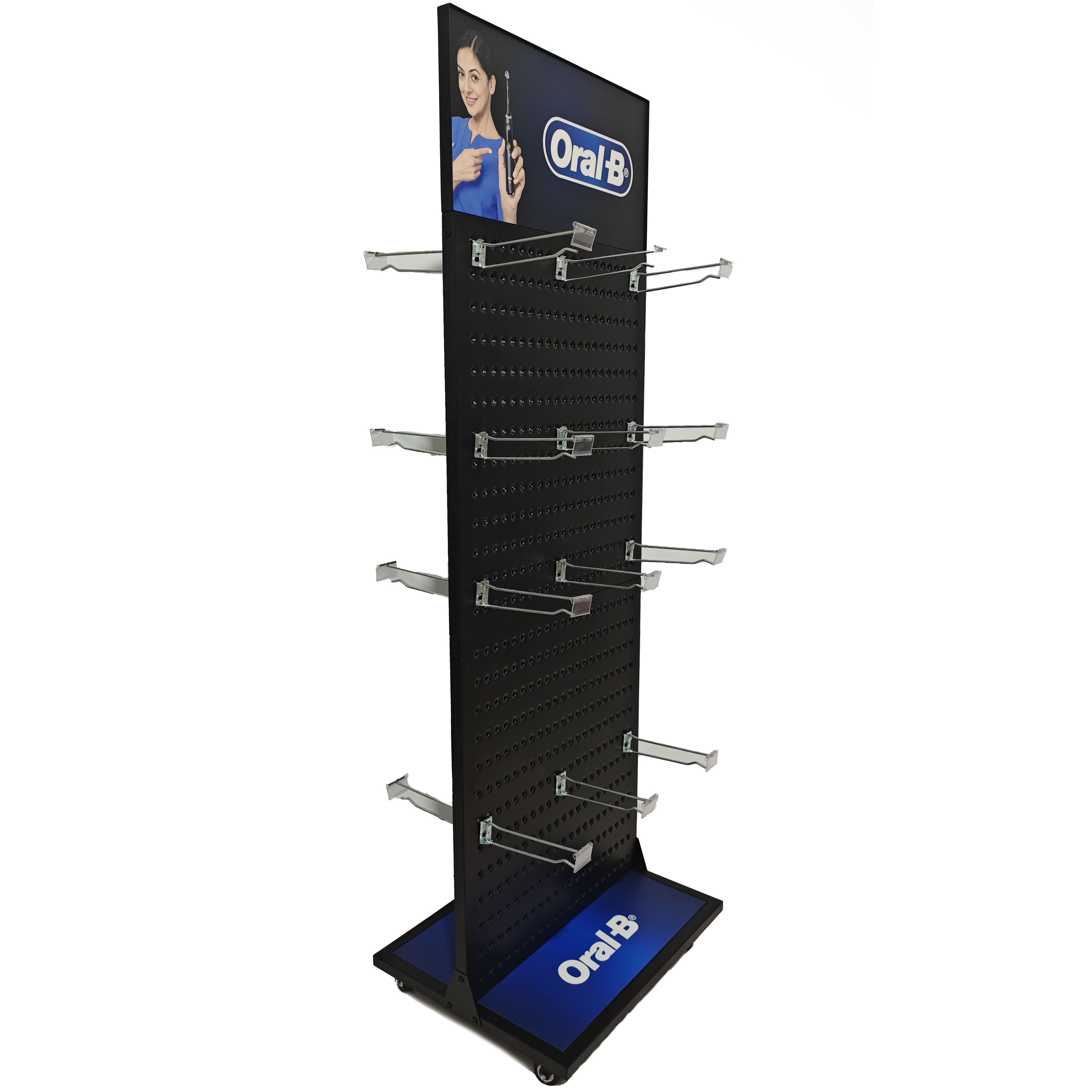 Electronic Toothbrush Display Stand Black Double Sided Pegs Board Display Racks Floor Stand Metal Shelf with Hooks