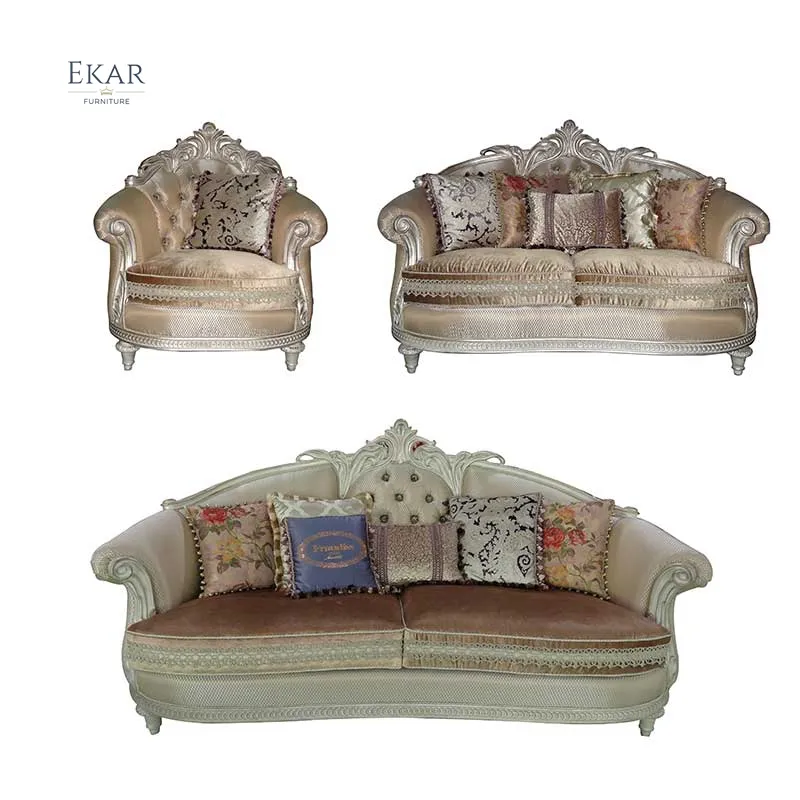 Desain Klasik Eropa Mewah Furnitur Ruang Tamu Sofa Ukiran Kayu Antik Foil Emas Kain Set Sofa Royal