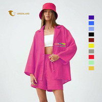 Mode Streetwear costumes d'entraînement femmes vêtements personnalisé coton lin chemises et shorts ensembles femmes robe costumes tissé Midi printemps