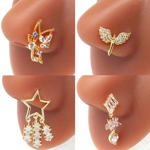<span class=keywords><strong>Gaby</strong></span>'s New Arriving Gold Plated Body Piercing Jewelry Long Dangle Flower Butterfly Design Nariz Anillos para venta al por mayor para regalo - Product Image 2