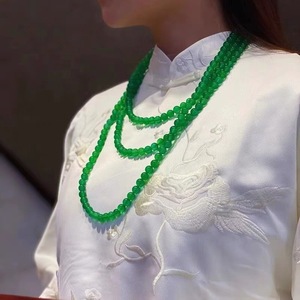 Collana a strati con perle rotonde di calcedonio verde naturale brasiliano PFT, nuova catena per maglione in agata verde sole per donna - Product Image 3
