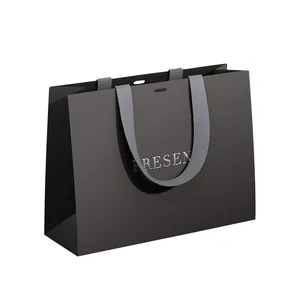 Luxury Ribbon Handle Boutique Shopping Packaging Black Paper Bags With Your Own Logo