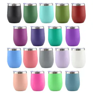 Custom Logo Double Wall Insulated Vacuum Stemless 12 Oz Stainless Steel Wine Glass Insulated Tumbler Wine Tumbler With Lid