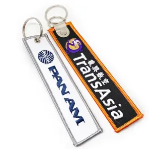Wholesale Cheap Custom Double Side Different Logo Flight Key Tags Fabric Car Jet Tag Woven Embroidery Keychain