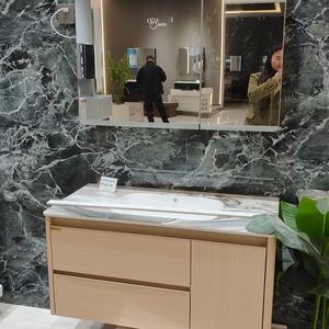 Mueble de baño estilo amarillo, mueble con espejo tipo colmena, lavabo blanco, mueble colgante con doble cajón. - Product Image 4