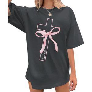 FOXA Christian Cross T-Shirt Women Oversized Pink Bow Graphic <b>Tees</b> John 316 Faith Top Long Length Jersey Cotton - Product Image 1