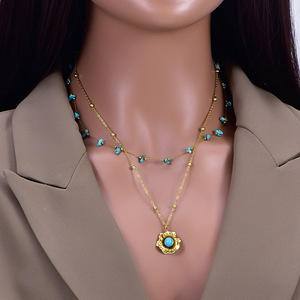 Collier de clavicule elliptique turquoise pour femmes en acier inoxydable plume plaqué or classique collier en couches Style pour cadeau - Product Image 5