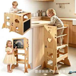 Tour d'apprentissage multifonctionnelle en bois massif pour enfants, tabouret, table à dessin et chaise intégrés, pour les 1-3 ans - Product Image 3