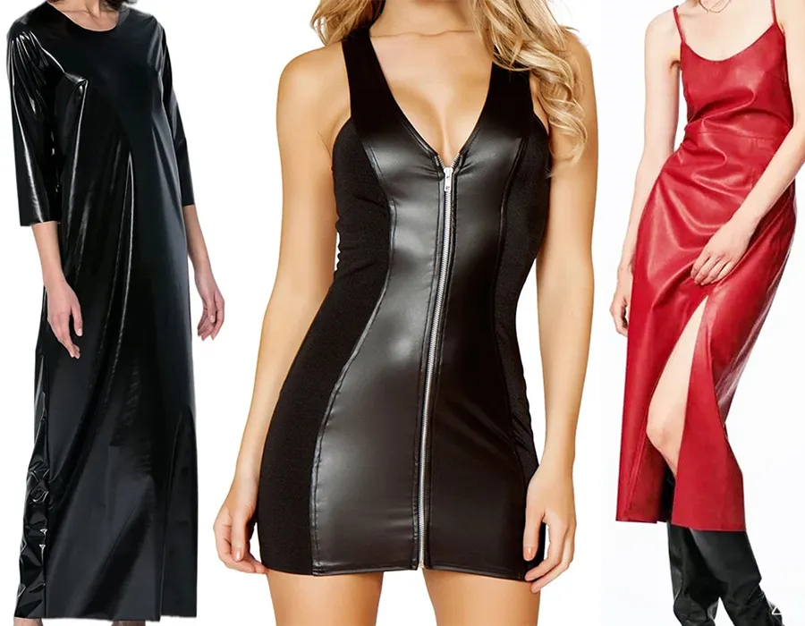 Fermuar Bodycon kısa seksi siyah lateks suni deri Mini elbise kırmızı deri Midi elbise uzun deri Maxi elbise