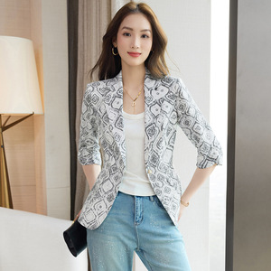 Women's Printed Blazer Apricot Patterned Slim Fit Linen Blend Summer Jacket Elegant Classic Style - Product Image 2