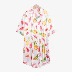Aantrekkelijke Fruit Print Vrouwen Nachtkleding Satijnen Nachtjapon Front Button Down Gezellige Slaap Slaap Shirt Voor Vrouwen