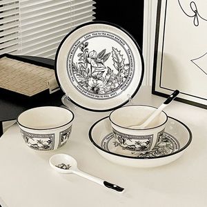 High Quality Factory Sale New Fashion Floral Style Black Rim Stoneware Dinnerware <b>Sets</b> <b>Microwave</b> & Dishwasher Safe - Product Image 6