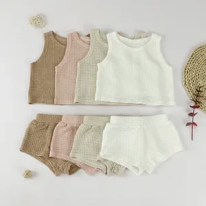 Solid Color Sleeveless Crop Tops and Shorts Summer Waffle Baby 2 pcs Clothing Set Kids Outfit