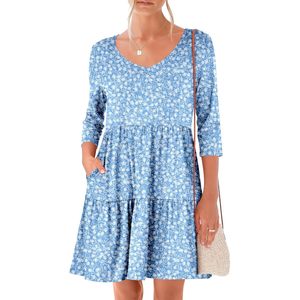 FOXA Vestido mini de manga 3/4 para mujer, cuello en V, fluido, con volantes, floral, estilo bohemio, línea A, informal, para verano, playa, vacaciones - Product Image 1