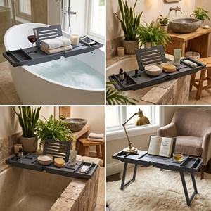 Accesorios de Baño de Bambú Negro Ajustables y Expandibles, <span class=keywords><strong>Bandeja</strong></span> de <span class=keywords><strong>Bañera</strong></span> de Lujo de <span class=keywords><strong>Madera</strong></span> con Portavasos y Soporte para Libros - Product Image 2