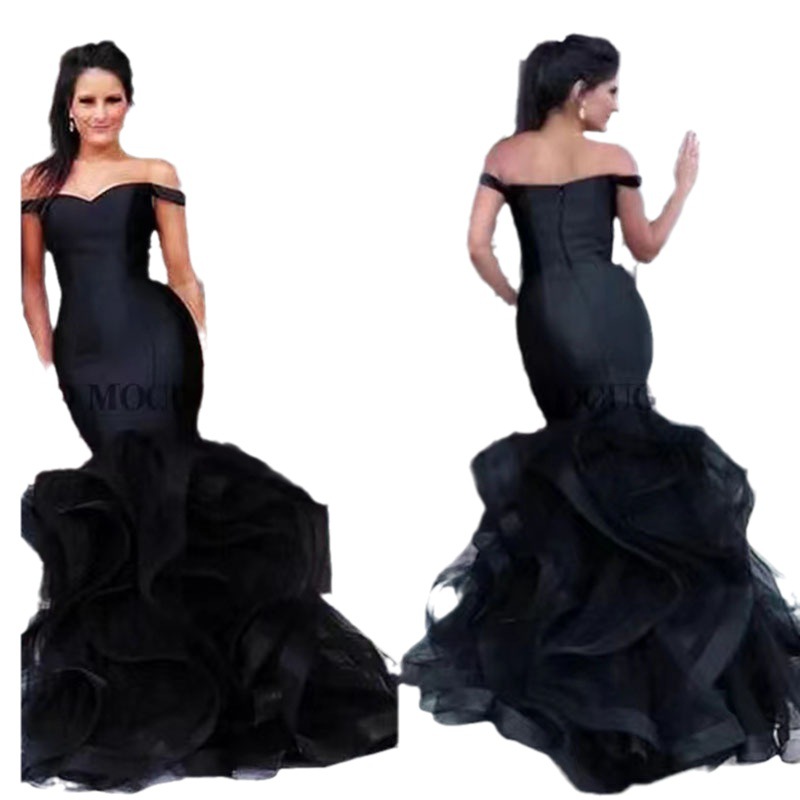 Black Fishtail Gowns - Floor-Length V-Neck Evening Dresses Black Fishtail Gowns - Floor-Length V-Neck Evening Dresses