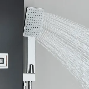 Sistema <span class=keywords><strong>doccia</strong></span> moderno <span class=keywords><strong>a</strong></span> colonna in acciaio inossidabile nero con getti <span class=keywords><strong>a</strong></span> pioggia e cascata, display digitale della temperatura e getti idromassaggio. - Product Image 4