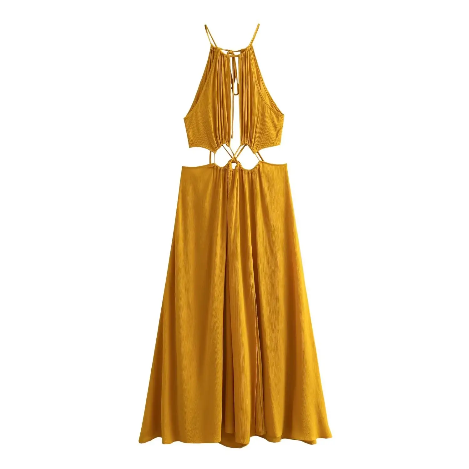 Sexy Beach Yellow Sleeveless Hollow Out Midi Dresses For Women