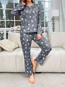 Set Pigiama Autunnale da Donna con Stampa Floreale, Maniche Lunghe e Pantaloni, 2 Pezzi, Abbigliamento per il Tempo Libero - Product Image 5
