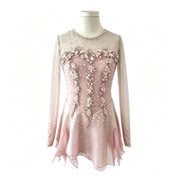 Robe de patinage artistique rose à manches longues, dos en maille transparente, jupe en mousseline ornée de strass, costume de performance pour compétition de patinage, sur mesure