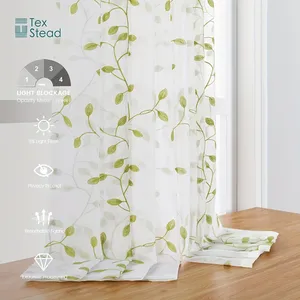 2 Pcs/Set Leaves Sheer Tier Curtain <span class=keywords><strong>Taupe</strong></span> Leaf Embroidery Curtain Voile Linen Leaves Curtain for Bathroom Kitchen Home - Product Image 5