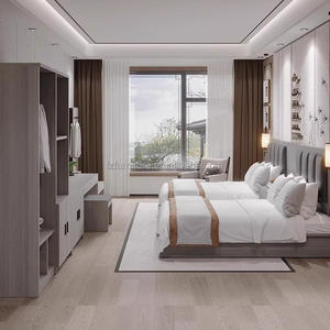 Ensemble de lit double sur mesure pour hôtel, lit moderne en bois pour chambre d'hôtel avec tête de lit rembourrée et fixée au mur, pour hôtel 3 étoiles - Product Image 4