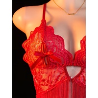 Ensemble de lingerie femme B964 : Babydoll à franges en V profond avec nœud en satin et string, chemise en dentelle transparente rouge à bonnets triangulaires