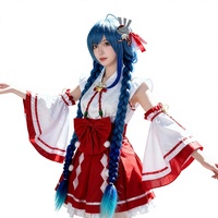 Costume de cosplay d'anime, tenue de Miko, prêtresse japonaise, ensemble en polyester rouge et blanc avec perruque bleue pour femmes adultes, tenue de fête
