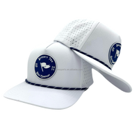 Casquette de golf 5 panneaux en gros à faible MOQ avec cordon, patch en cuir personnalisé, logo brodé 3D, réglable, imperméable, pour le sport