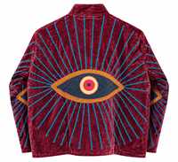 Blouson Bomber Femme en Velours Bordeaux Brodé avec Motif Œil, Manches Longues, Col en V, Doublure Coton, Hiver, Fourniture ODM, Respirant, Séchage Rapide