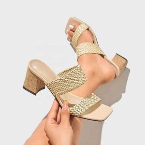 Sandales à talon épais et bout carré tressées à une bride pour femme, talons hauts unis simples pour soirée - Product Image 3