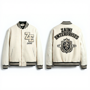 ZAINI ZE-143 <b>Mens</b> Varsity <b>Jacket</b> 420 GSM Wool Blend Body Faux Leather Sleeves <b>White</b> Black Custom Chenille Embroidery OEM ODM - Product Image 1