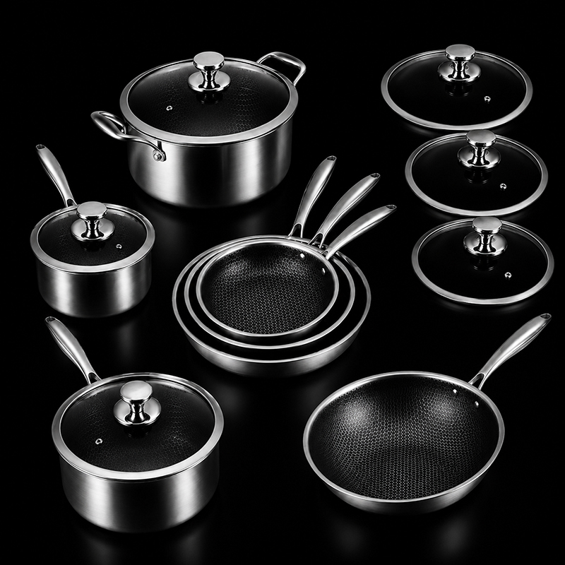 13 Pieces Stainless Steel Non-stick Cookware Set Hybrid Honeycomb Bottom Milk Pot Soup Pot Frying Pan Wok Set with Glass Lid
