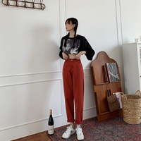 Pantalon en jean taille haute personnalisé pour femme, coupe décontractée, couleur rouge brique, style jogger fuselé, jean coloré pour femme