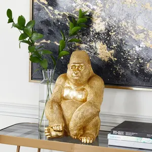 Decoração de construção de escritório, atacado personalizado, decoração de ouro, escultura de gorila, tamanho de vida king kong, escultura de resina de madeira