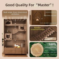Maison de luxe pour chat en bois massif, vue panoramique, design tout-en-un à trois étages, forme rectangulaire, motif grain de bois, structure d'escalade pour chat