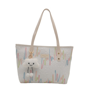 Cute Vintage Lady Two-Zipper Water Resistant Large PU Canvas <b>Tote</b> Bags for Commuting Fashion Rain Bow Color - Product Image 4