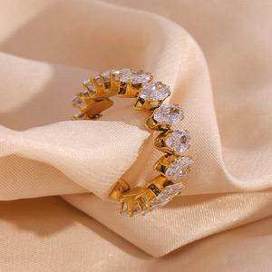 2026 Popular Marquise Zircon Full Paved Stainless Steel 18K Gold Plated <b>Adjustable</b> Open Ladies Tennis Stackable Finger <b>Ring</b> - Product Image 5