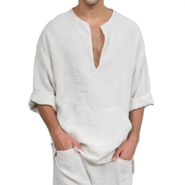 T-shirt manches longues pour homme, haut surdimensionné, col en v bas, 100% coton/lin, chanvre, Style moyen-orient