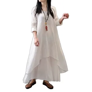 Factory Supply Plain Frock Design Ramie Cotton Fabric Long Sleeve Dress