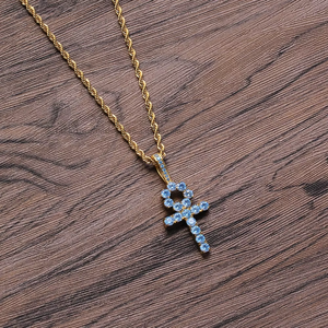 Classic Small Solid Blue CZ <b>Cross</b> Pendant Necklace, Men's Hip Hop Sea Blue Zirconia Jewelry - Product Image 1