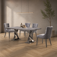 Ensemble de table à manger moderne avec plateau en marbre et pieds en acier inoxydable argenté pour hôtel, appartement, salle à manger