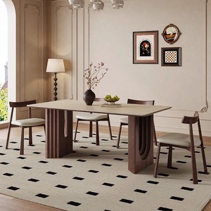 Table à manger japonaise Wabi-Sabi vintage en bois massif avec plateau en <span class=keywords><strong>pierre</strong></span> frittée, style français rétro du milieu du siècle, avec fonction de démontage - Product Image 1